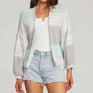 Saltwater LUXE Aden Mint and Gray Striped Cardigan Sweater Lightweight